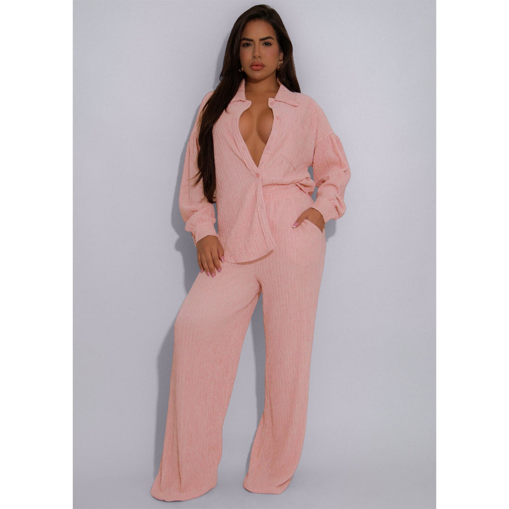 Damen elastische zerknitterte Schnürung Multi-Pocket Swing-Hose Weite Beinhose Zweiteilige Sets