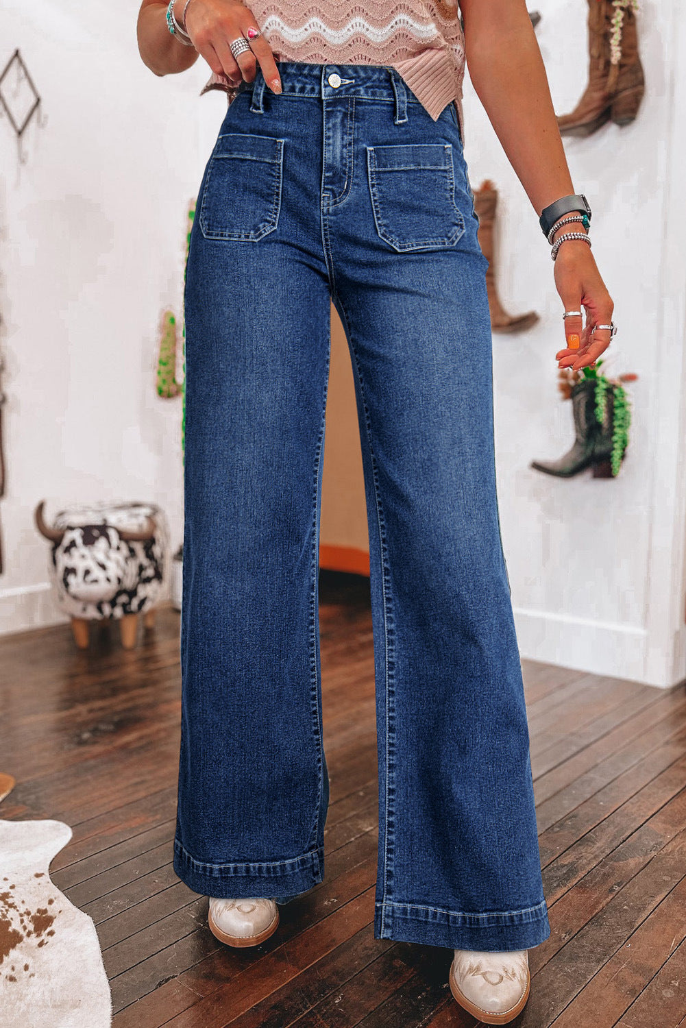 Frühling Dunkelblaue High-Waist Wide-Leg Jeans Damen Retro Straight-Leg Hose