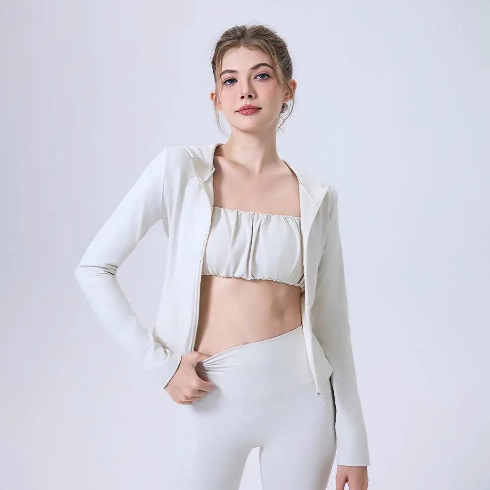 Faux Leather Nude Feel Sports Jacket Slim Fit Slimming Zipper Workout Clothes Top Hooded Comfortable Yoga Clothes Long Sleeve by Wanita Store