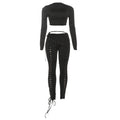 Autumn Winter Women Clothing Long Sleeve Top Sexy Cutout Tied Slim Fit Trousers Two Piece Sets