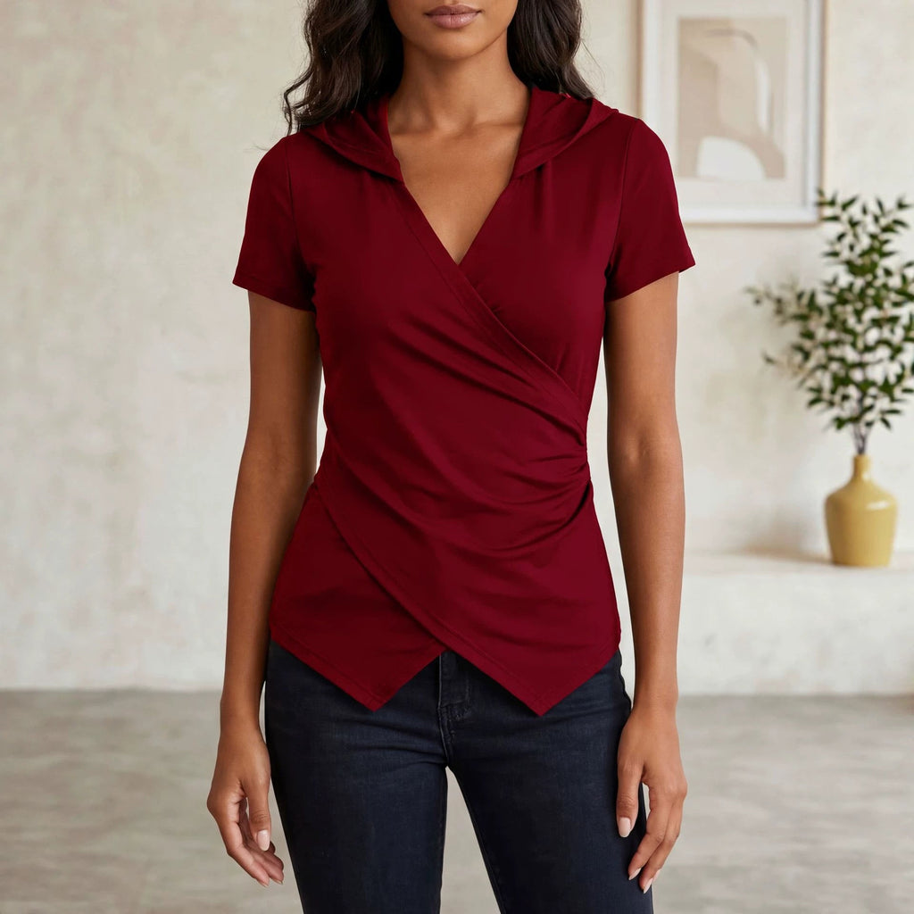 Women Clothing Summer V neck Solid Color Slim Slimming Irregular Asymmetric Short Sleeve T shirt Top