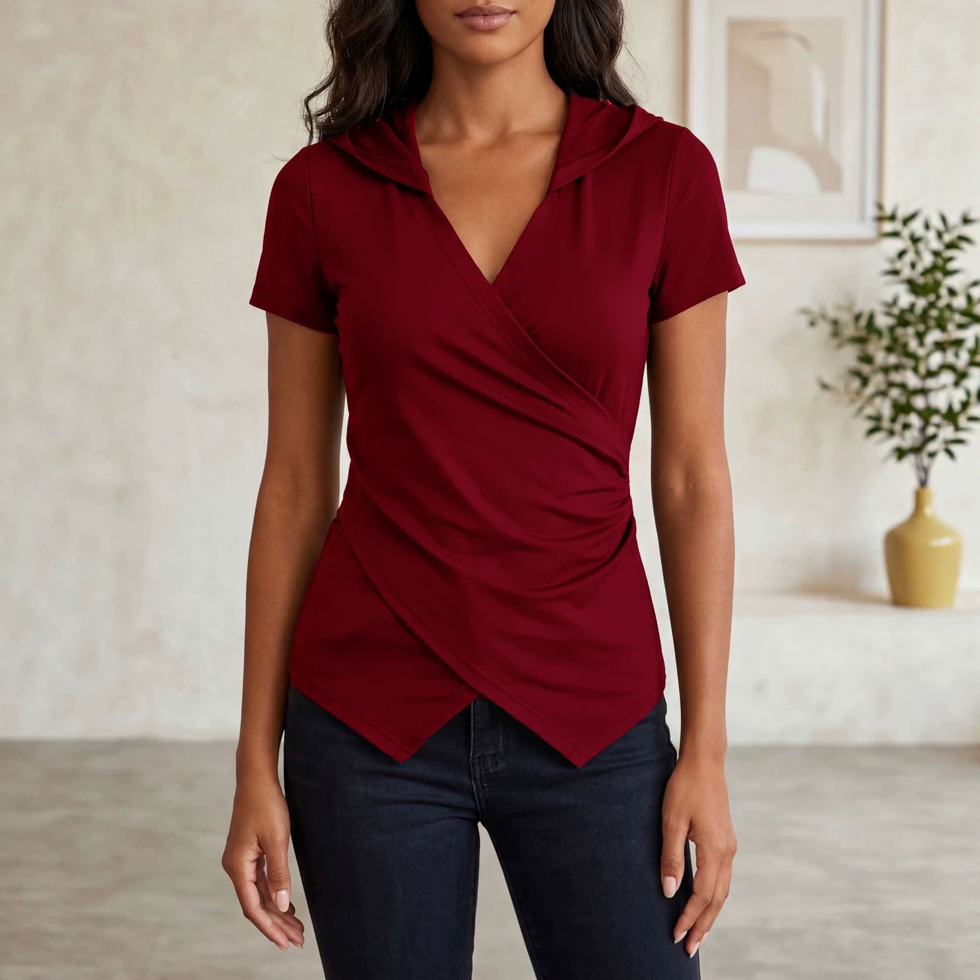 Women Clothing Summer V neck Solid Color Slim Slimming Irregular Asymmetric Short Sleeve T shirt Top