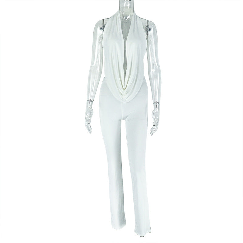Halter Swing Collar Solid Color Commuting Pants Set Backless Lace up Top Tight Trousers Two Piece Set