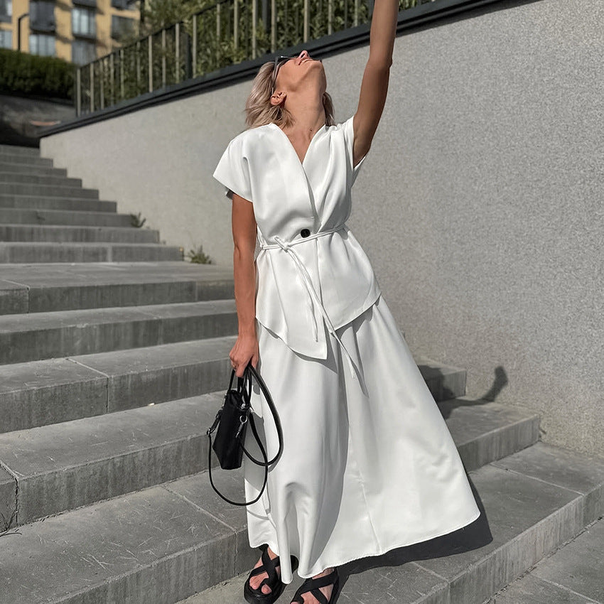 White Short Sleeved Lace up Women Design Waistcoat Mid Length White Shirt A line Skirt Two Piece Set