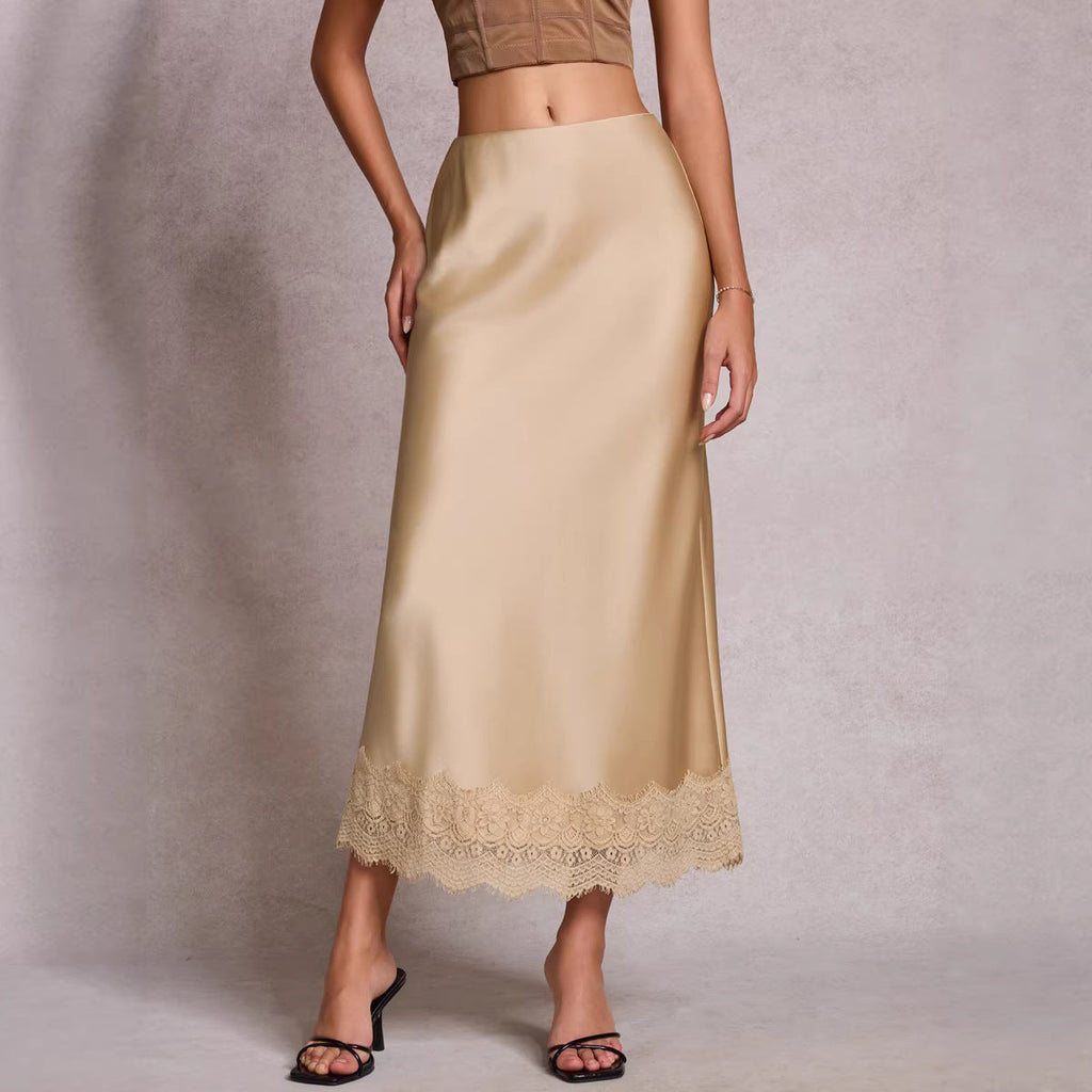 Women Clothing Lace Satin Skirt High Waist Elastic Elegant Sheath Skirt