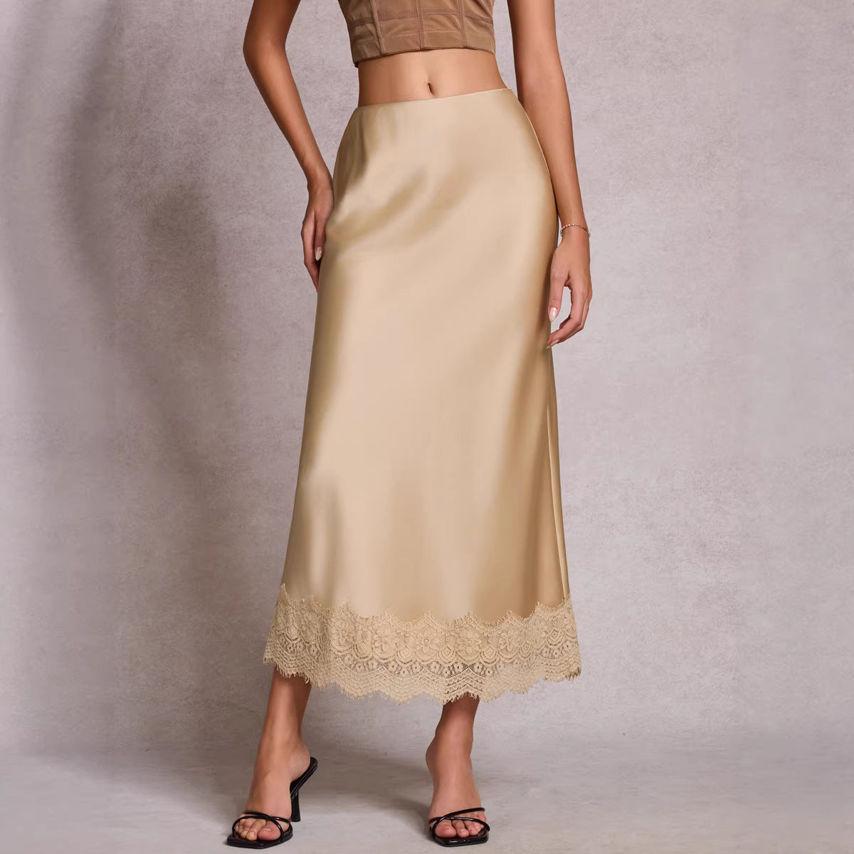 Women Clothing Lace Satin Skirt High Waist Elastic Elegant Sheath Skirt
