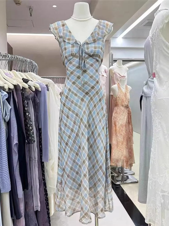 Mode Neues Sommer Französisches Elegantes Temperament Sanftes Rüschenkariertes Kleid Damen Sommer Figurformendes, Altersminderndes Langes Kleid