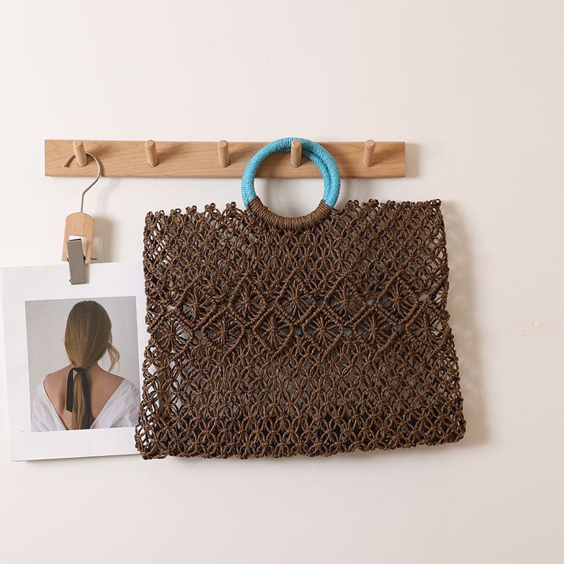 Runde Griff Tragbare Quadratische Strohtasche Sommer Hohl Ausgeschnittenes Muster Strohtasche Gewebte Tasche Damen Urlaub Meer Strandtasche