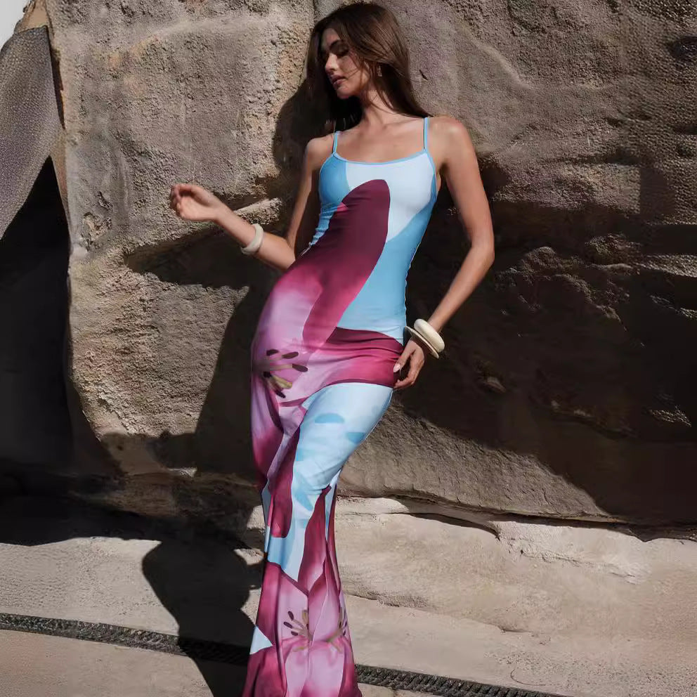 Damenbekleidung Sommer Sexy Spaghettiträger Blumendruck Hüft-Schlitz-Kleid Damen Strandkleid