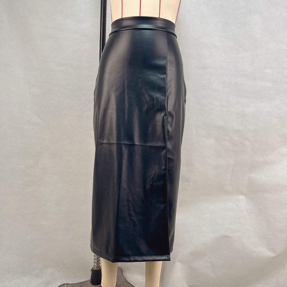 Leather Split Skirt Women Clothing High Waist Figure Flattering Sheath Leather Skirt Solid Color Skirt