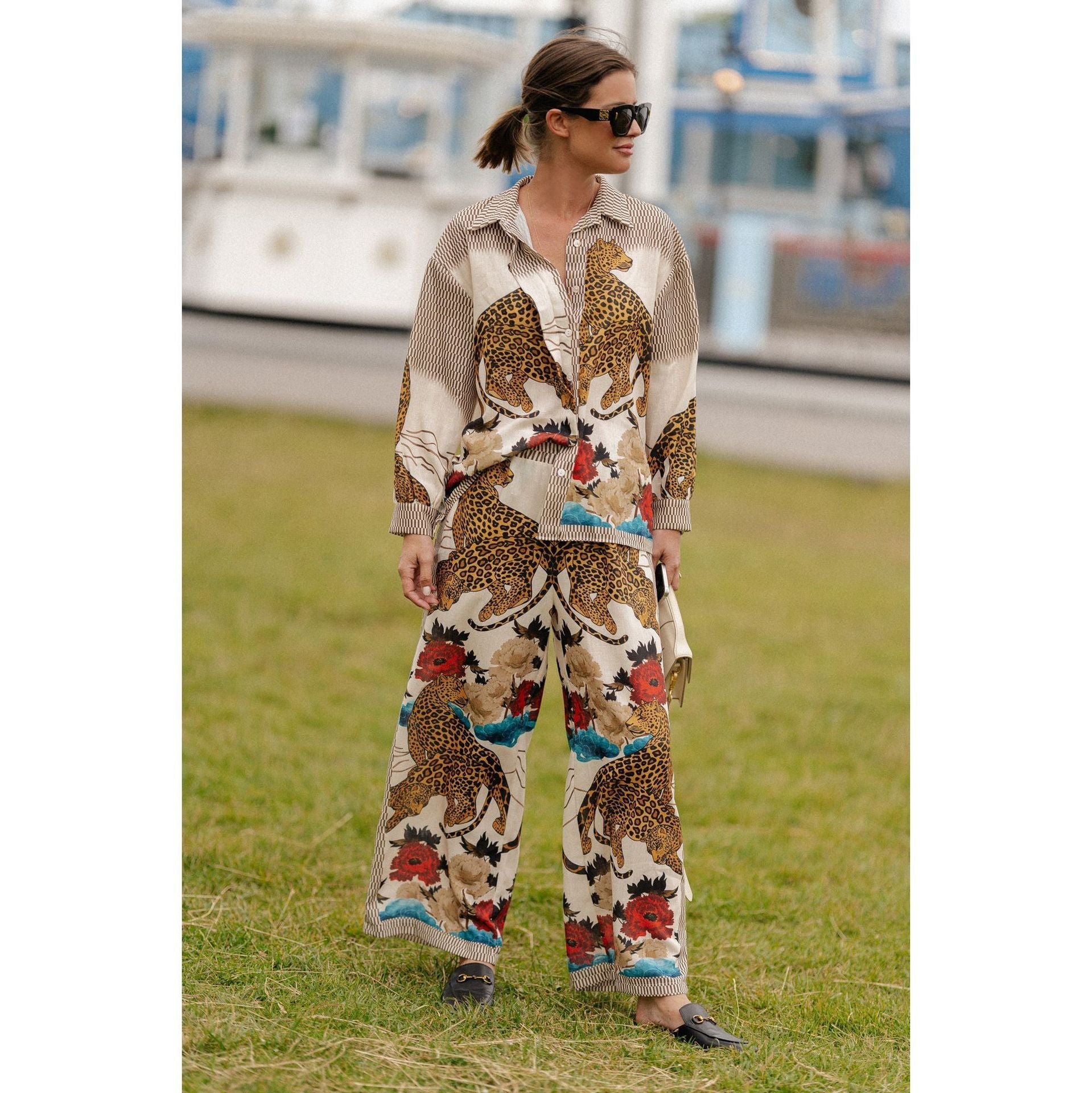 Autumn Winter Long Sleeved Casual Vacation Two Piece Set Loose Printed Pocket Solid Suit