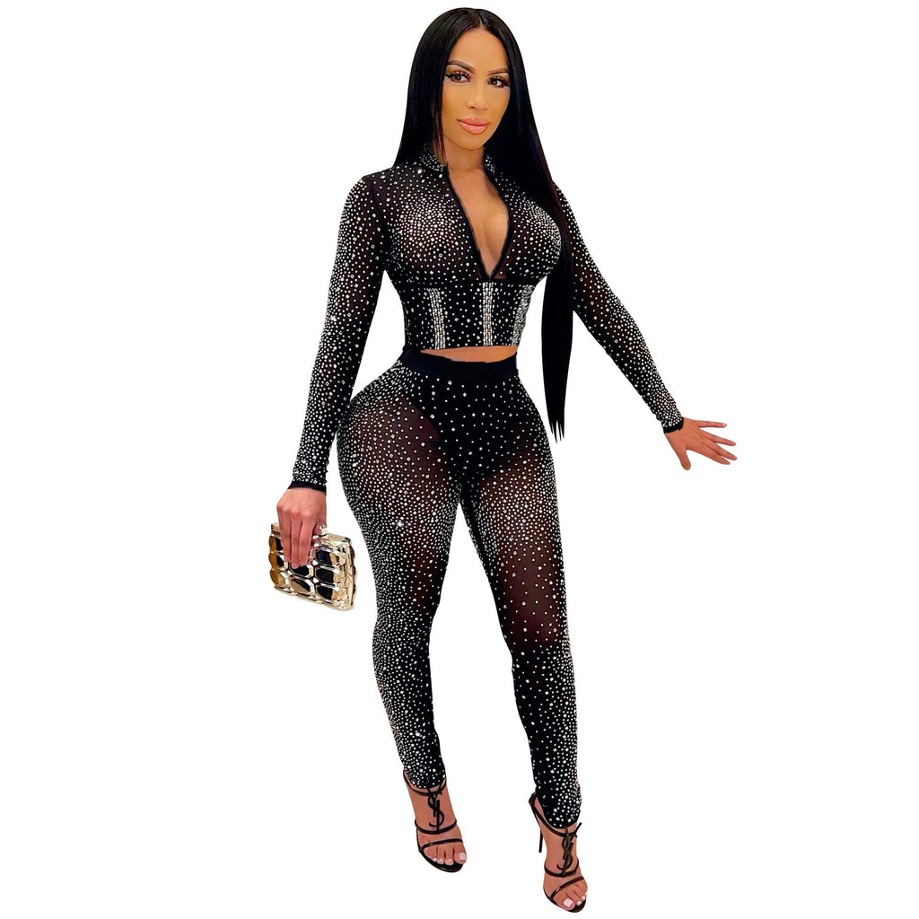 Women Clothing Sexy Tight Mesh See-through Long Sleeve Rhinestone Two-Piece Set Blouse Pants Women