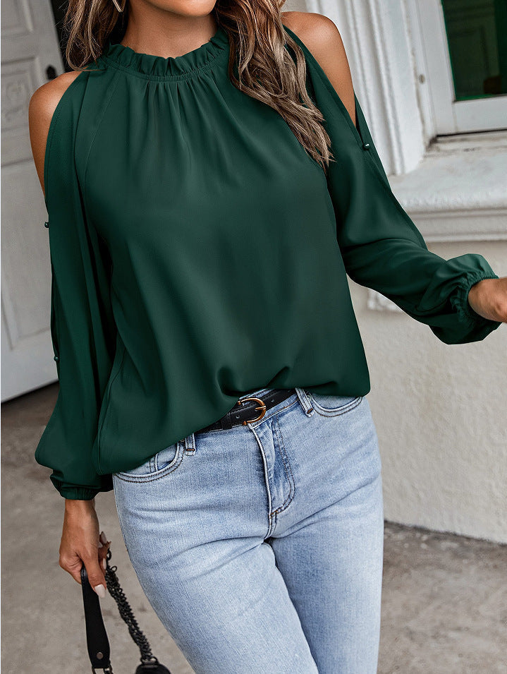 Herbst Winter Damen Einfarbig Lotusblatt Rundhals Langarm Plissierte Off-Shoulder Bluse