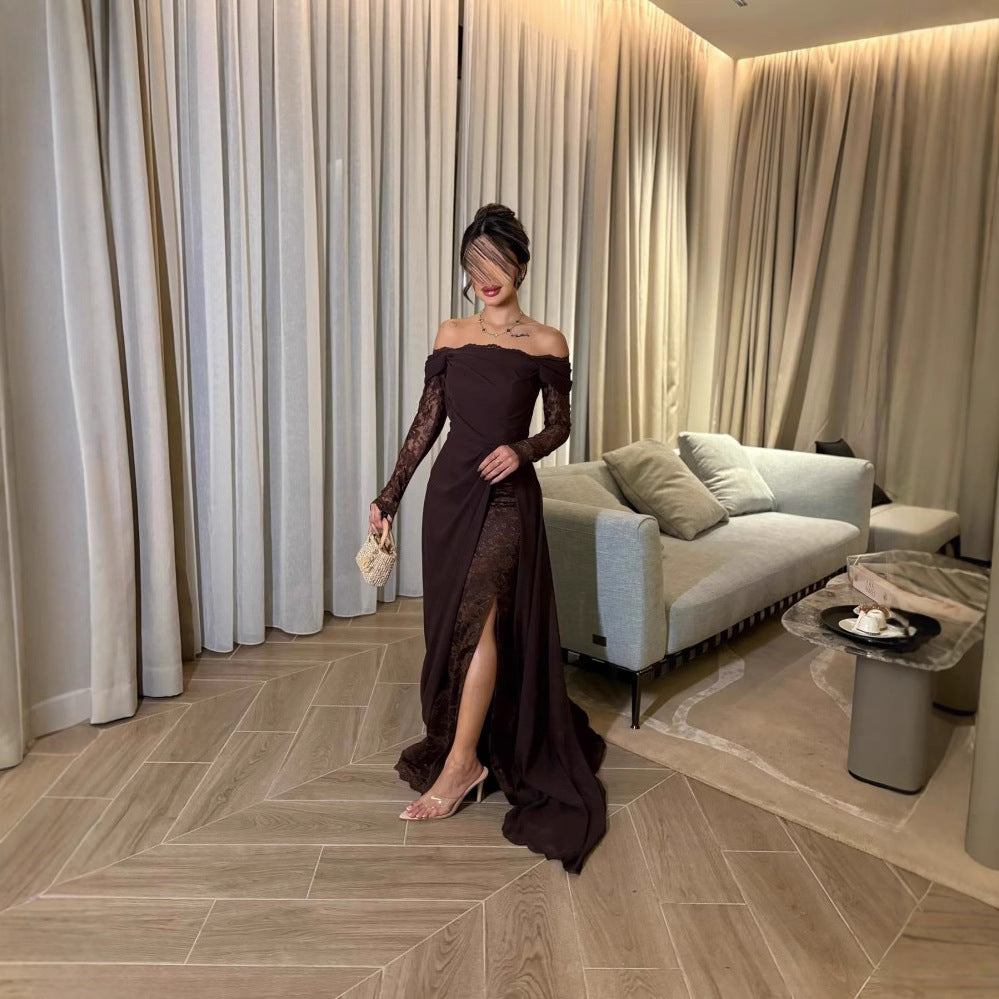Frühling Sommer Damen Kleidung Tube Top mit Spitze und langen Ärmeln Großem Saum Elegantes Retro-Kleid