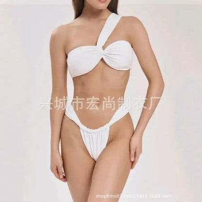Swimsuit for Women 2025 European and American High-End One-Shoulder Twist Bikini Russian Sexy Drawstring Thong Split Swimsuit by Dropshipman