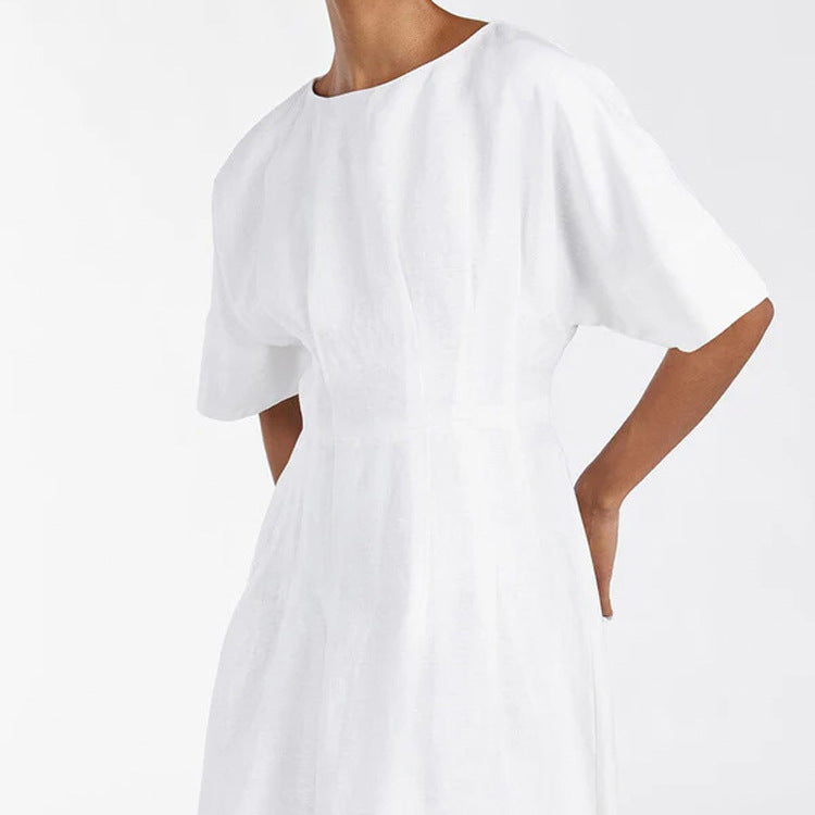 Damenbekleidung Schlichtes lässiges A-Linien-Kleid Baumwoll-Rundhalsausschnitt Kurzarm tailliertes Kleid