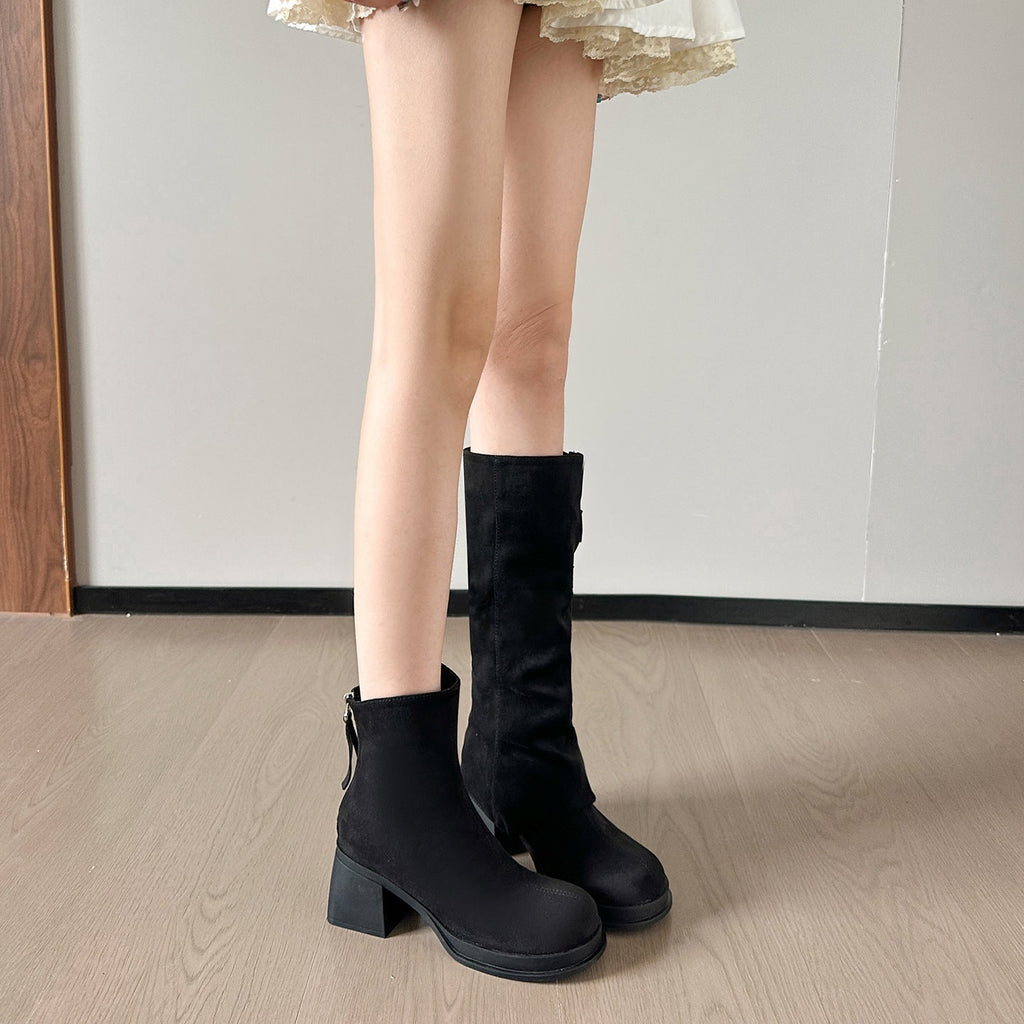 Zwei-Wege-Trage-Langschaftstiefel Herbst Winter Abnehmbare Plüschstiefel Dicke High Heel Plateau Overknee Stiefel Retro Strumpfhosenstiefel