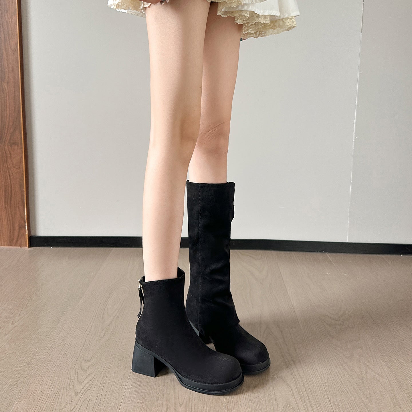 Zwei-Wege-Trage-Langschaftstiefel Herbst Winter Abnehmbare Plüschstiefel Dicke High Heel Plateau Overknee Stiefel Retro Strumpfhosenstiefel