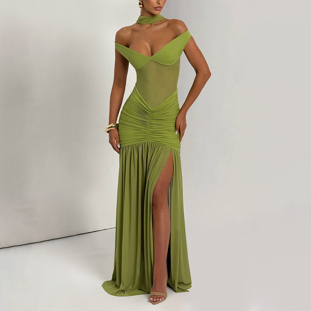 Sommer Sexy Tube-Top Rückenfreies Kleid Mesh Plissiertes Schlitzkleid