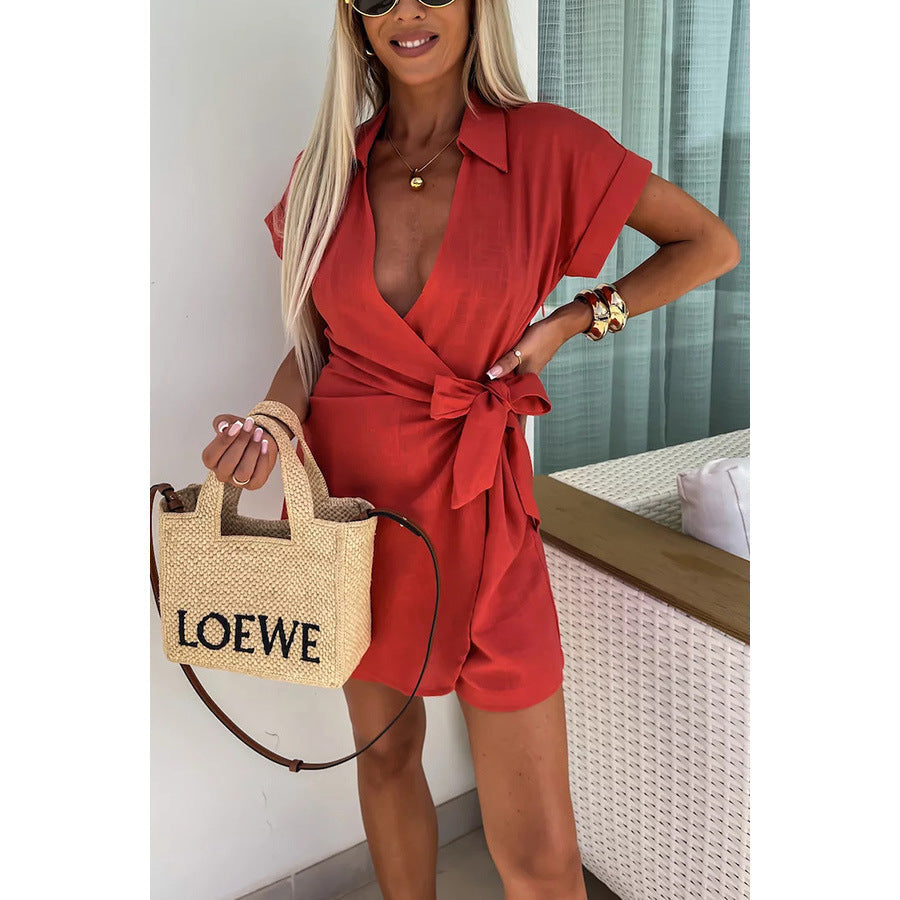 Spring Summer Lace up Turn down Collar Jumpsuit Casual Loose Vacation Jumpsuit