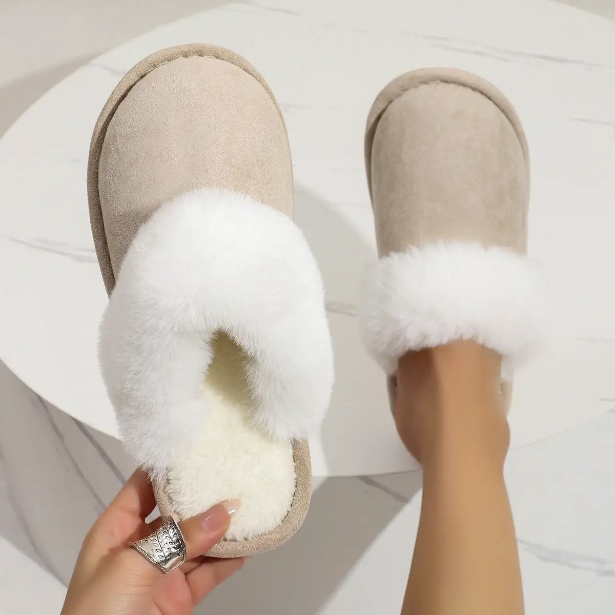 Fluffy Slippers Autumn Winter Warm Slugged Bottom Home Thickened Fleece Slippers Home Indoor Cotton Slippers by Wanita Store