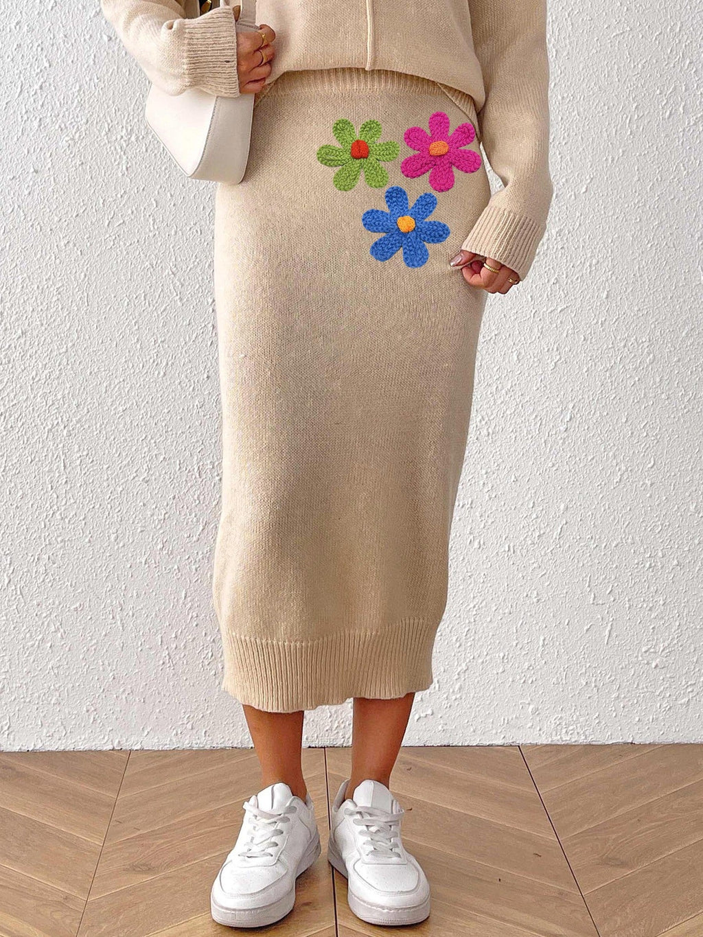 Damenbekleidung Midilanger eleganter Rock Bestickter Rock mit Blumenstickerei Wollrock