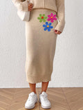Damenbekleidung Midilanger eleganter Rock Bestickter Rock mit Blumenstickerei Wollrock