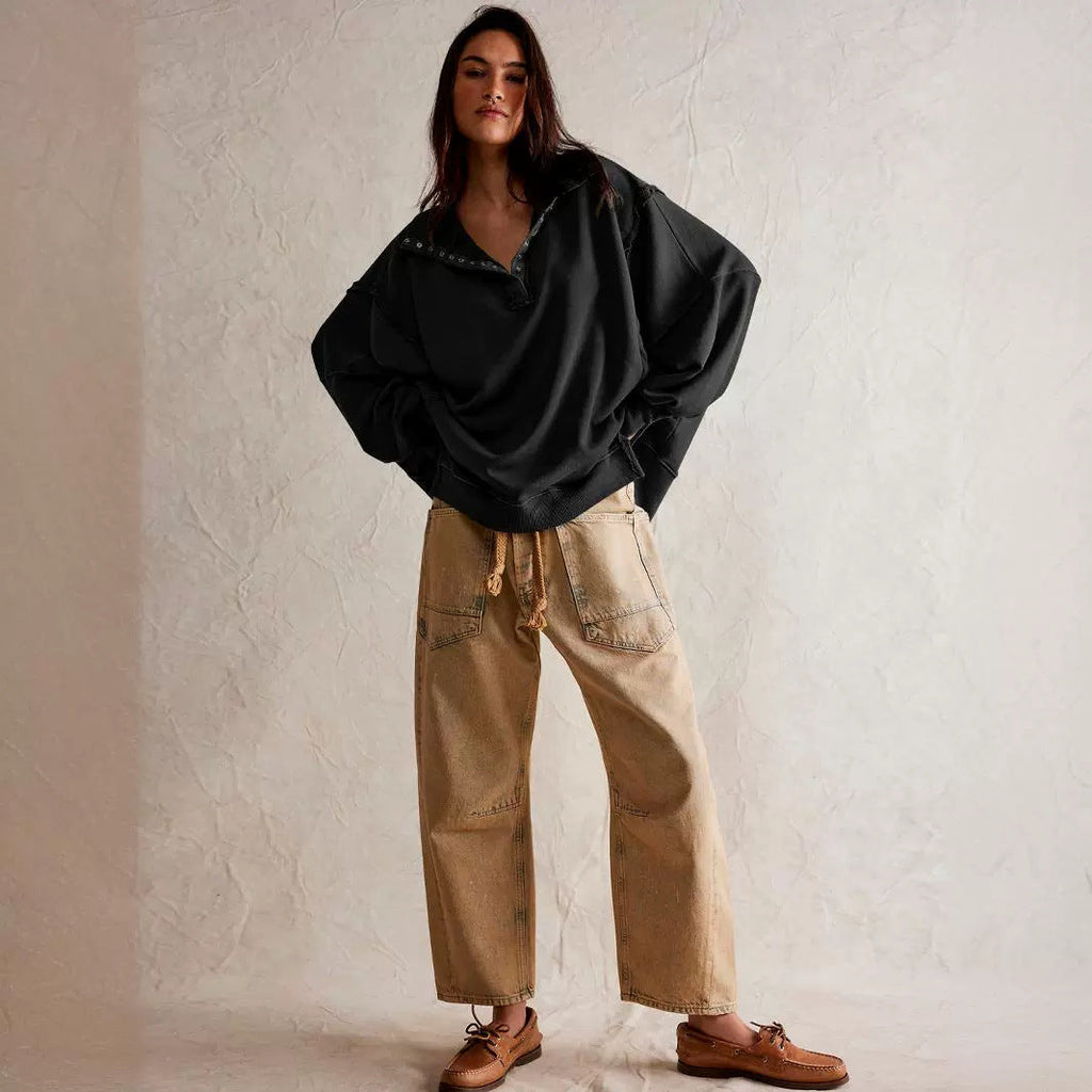 Decorative Moulding Design Blouse Split Lantern Sleeve Polo Collar Sweatshirt Coat for Women Spring Autumn