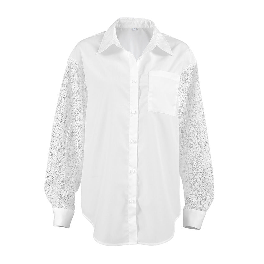 Spring Lace Stitching Hollow Out Cutout Backless Design Long Sleeve Collared Office Shirt for Women