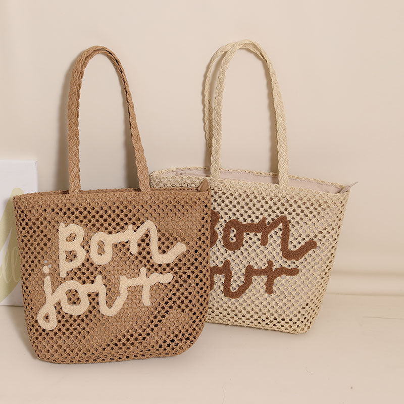 Brief-Grafik Stickerei Gewebte Tasche All-Match Schulter Aushöhlen Cutout Strohtasche Urlaub Strandtasche Damen Tasche