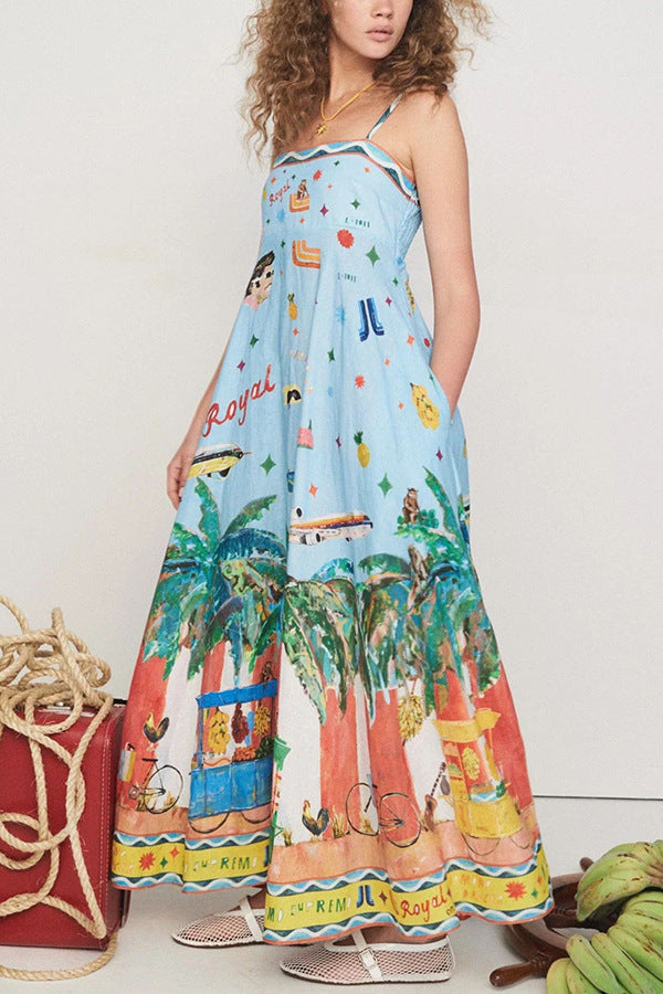 Spring Summer Suspender Printed Pocket Dress Casual Loose Vacation Dress
