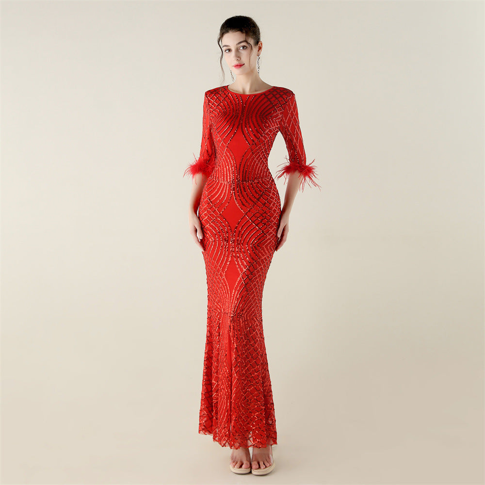 Positioning Floral Sequin Craft Order Ostrich Feather Decorative Evening Dress Long Sleeve Fishtail Cinched Peplum
