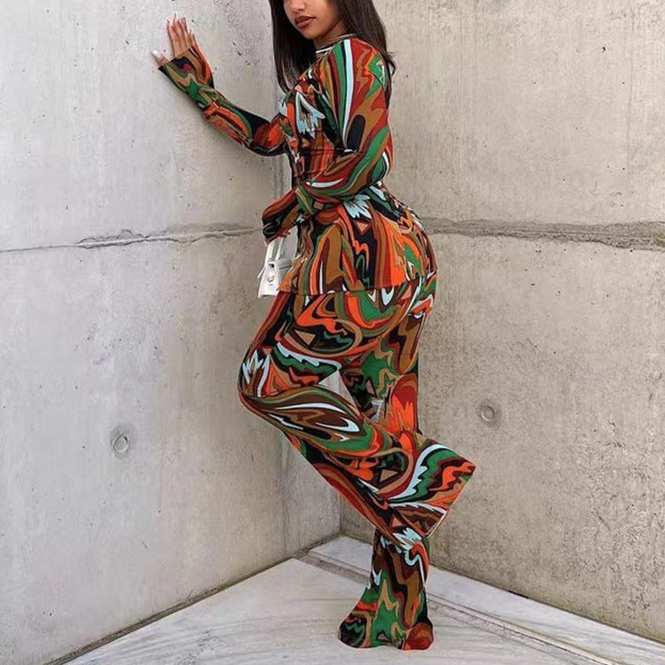 Damen Sexy Print Hemd Weite Hose Lässig Zweiteiler Fallender tiefer V-Ausschnitt Badeanzug