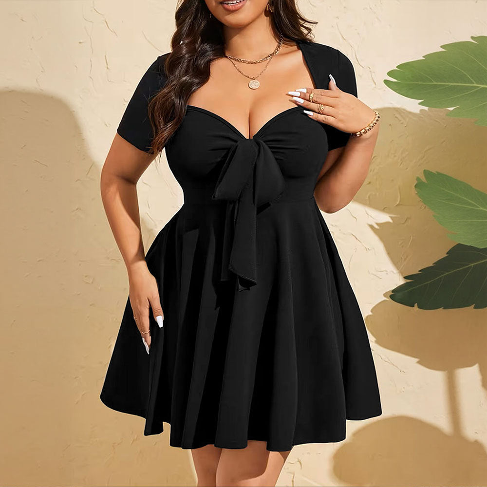 Black Women Wear Elegant Pinch Pleated V neck Lace up Short Sleeve A line Short Dress