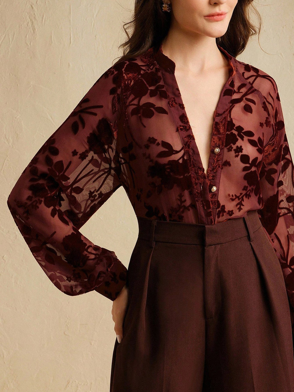 Autumn Women Clothing Elegant Tencel Flocking Shirt Long Sleeve