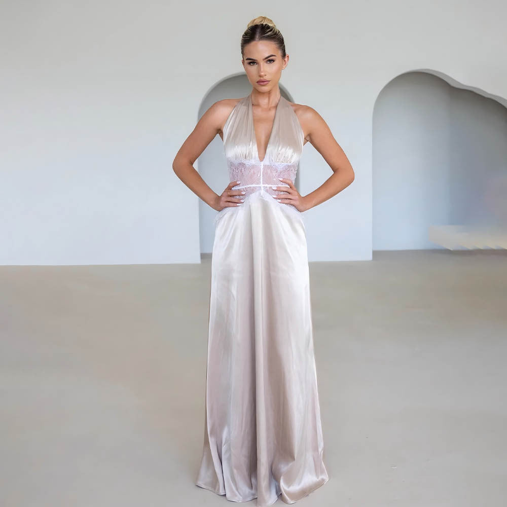 Sommer Elegantes tiefes V Plunge Seidiges Satinkleid mit Steppnaht, Neckholder und tailliertem, sexy Schnitt