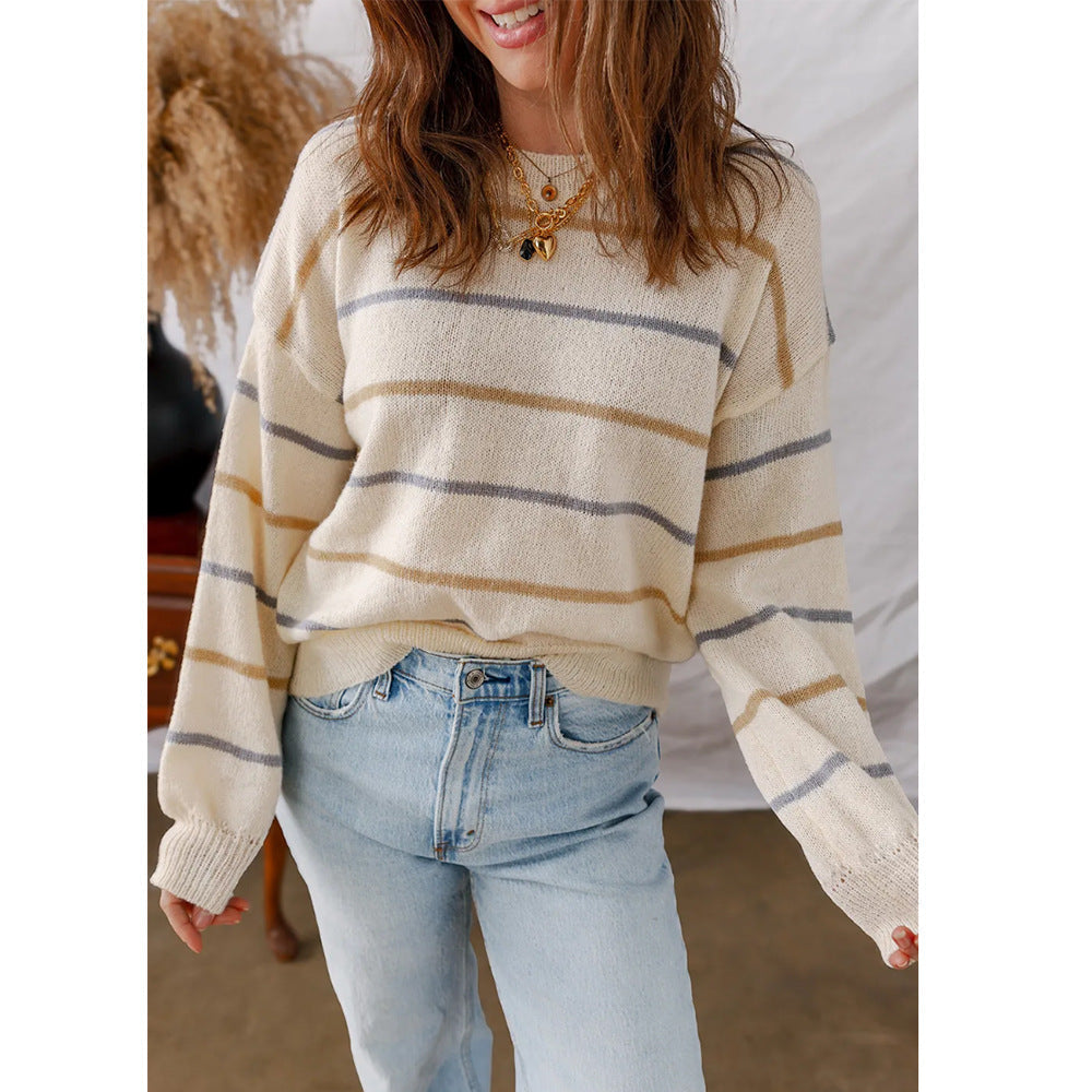 Damen Freizeit Farbiger Gestreifter Pullover Langarm Lockerer Pullover