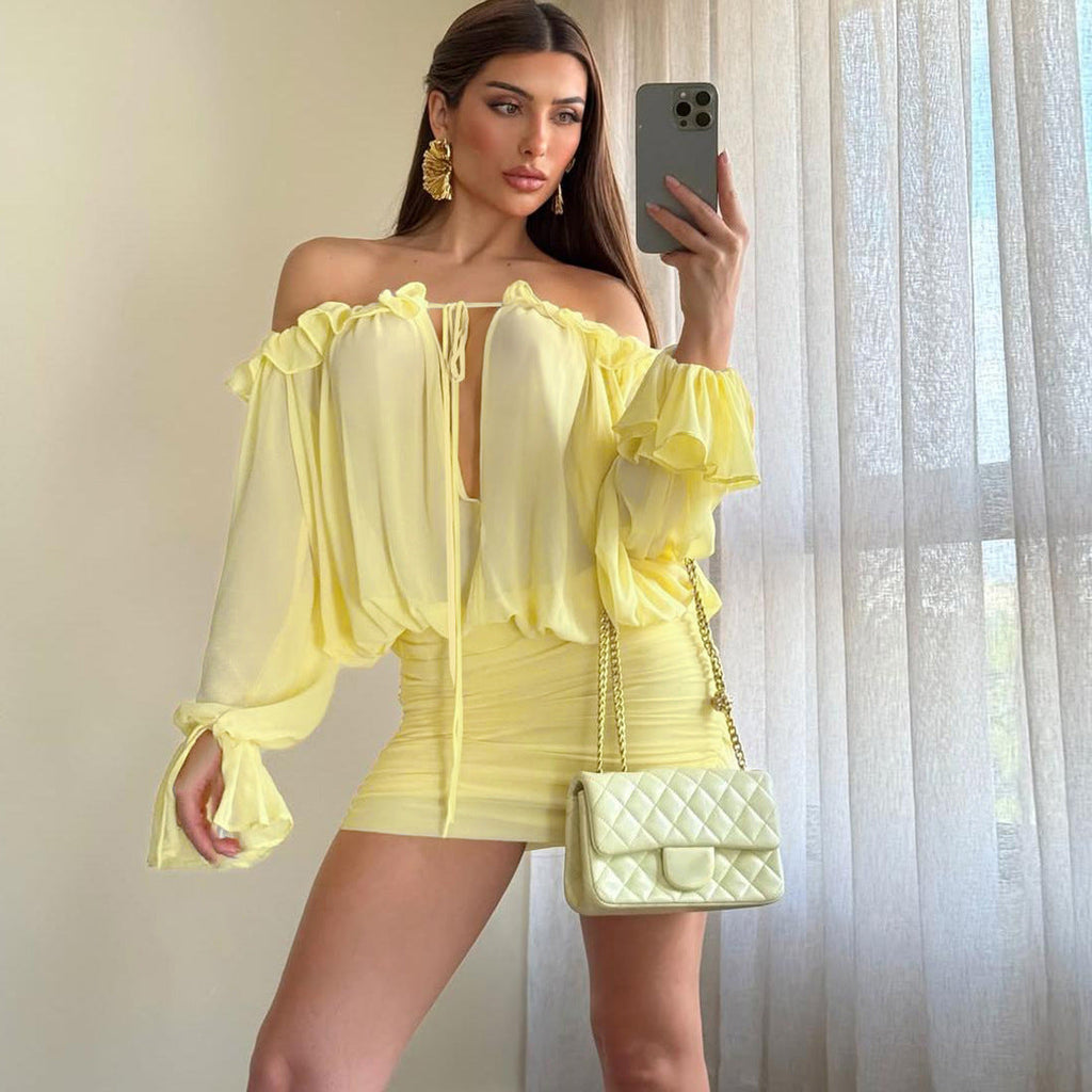 Herbst Damenbekleidung Sexy schulterfreies, ausgeschnittenes Kleid zum Binden mit festem Farbton und schmaler Hüfttasche