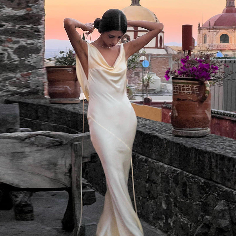 Damen schulterfreies Kleid Sexy rückenfreies Satinkleid Leichtes Luxuskleid Elegantes Fishtail-Kleid