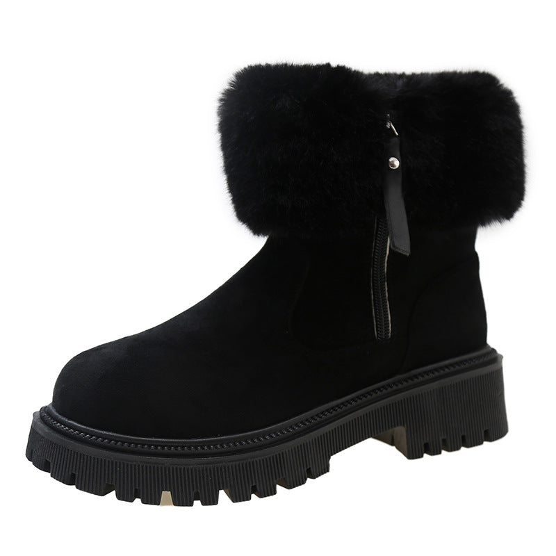 Furry Short Tube Plateau Schneestiefel Damen runde Zehenpartie seitlicher Reißverschluss Samt warme Baumwollschuhe