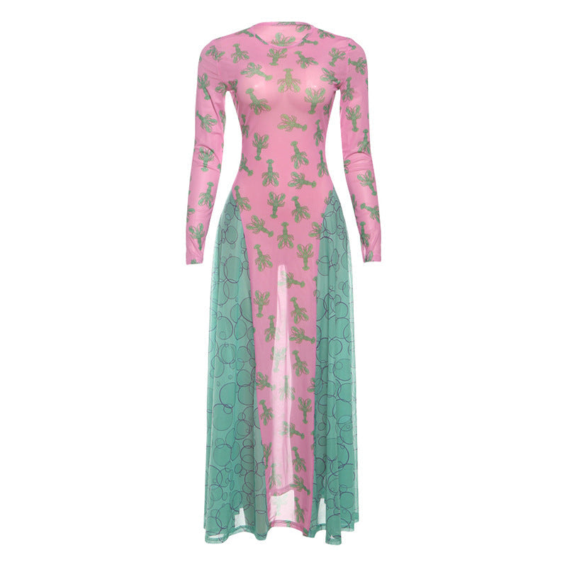 Herbst Retro Damen Mesh Rundhals Kontrastfarben Locker Tailliert Langarm Print-Kleid