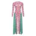 Herbst Retro Damen Mesh Rundhals Kontrastfarben Locker Tailliert Langarm Print-Kleid