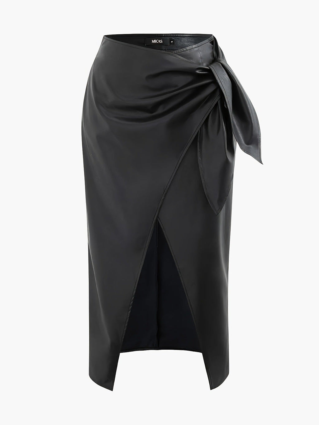Lady Elegant Bow Waist Faux Leather Glossy Split Skirt