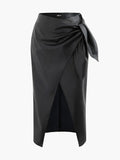 Lady Elegant Bow Waist Faux Leather Glossy Split Skirt