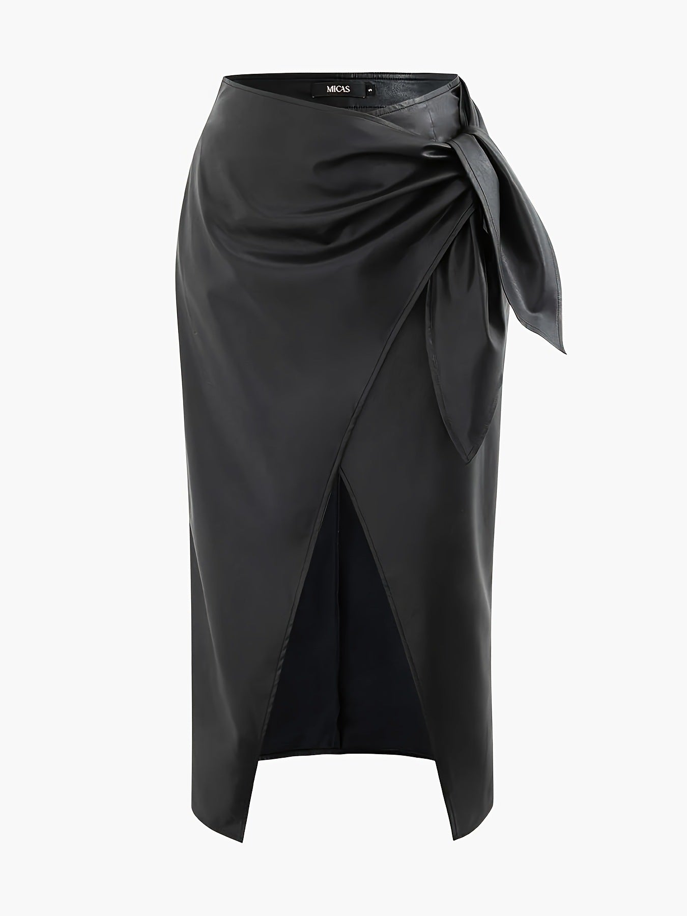 Lady Elegant Bow Waist Faux Leather Glossy Split Skirt