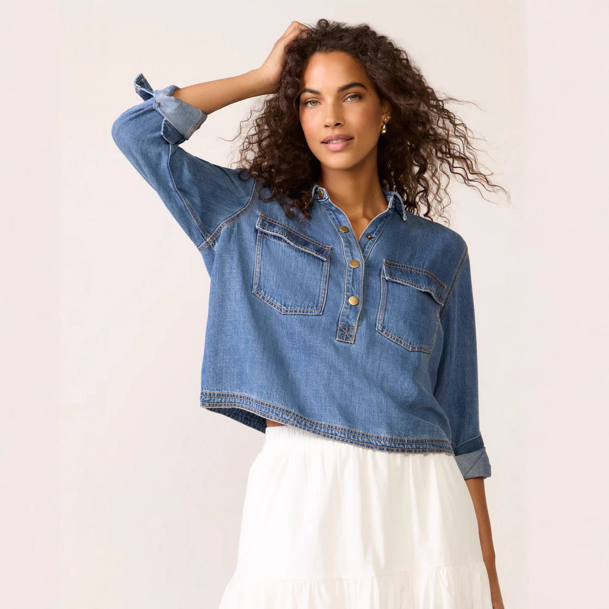 Women Clothing Casual Polo Collar V neck Pullover Denim Shirt
