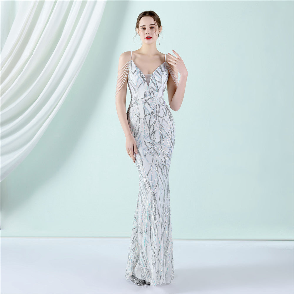 Träger Pailletten Toast Kleid Braut langes Dankesdinner schmal geschnittenes Meerjungfrauenkleid Hochzeitsauto Model Ausstellungs-Kleid