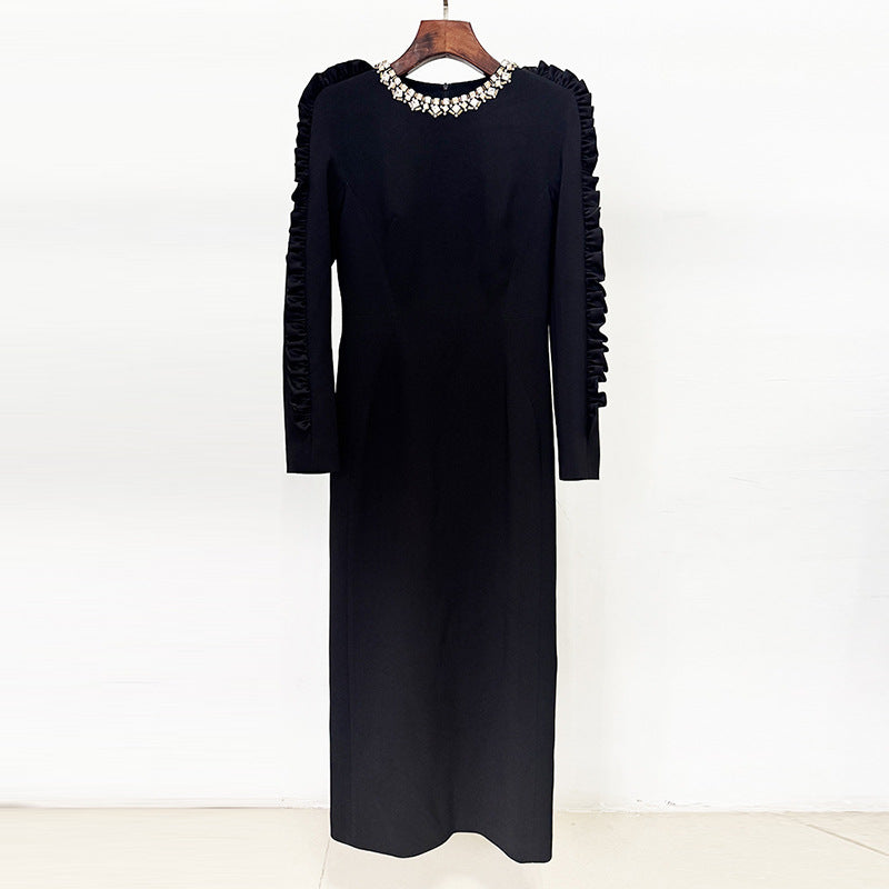 Autumn Star Modisches Stringy Selvedge Dreidimensionale Dekoration Langarm Midikleid