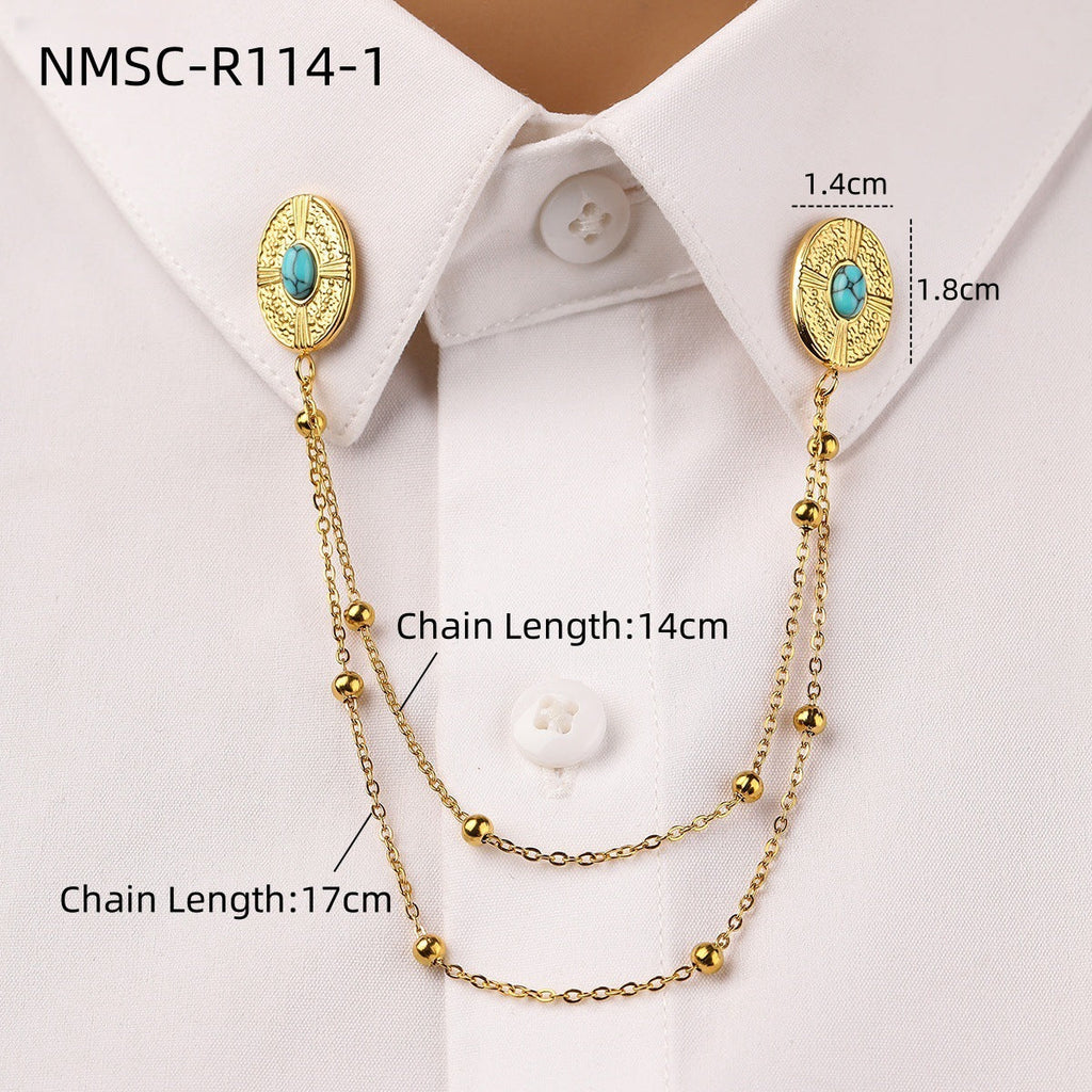 Oval Turquoise Stainless Steel Collar Pin All Match Shirt Neckline Ornament Women