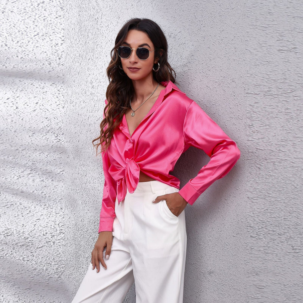 Satinhemd Damen Satin Kunstseide Langarmshirt
